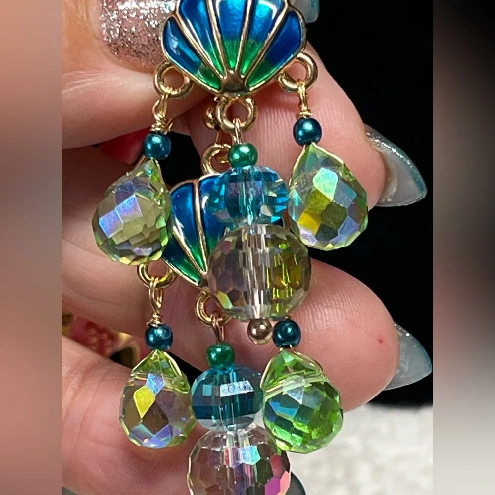 Gold, Green and Blue Shell Dangle Earrings - Picture 8 of 12